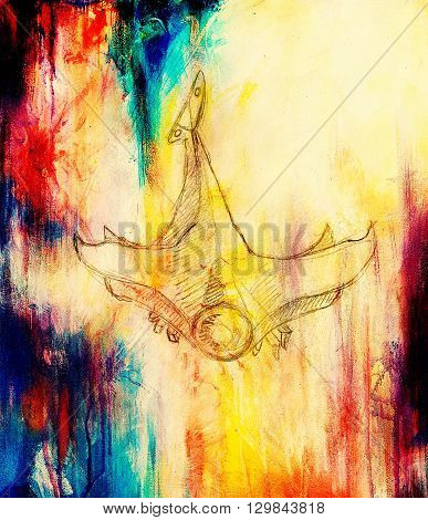 aircraft drawing. Original hand draw and computer collage. Color structure
