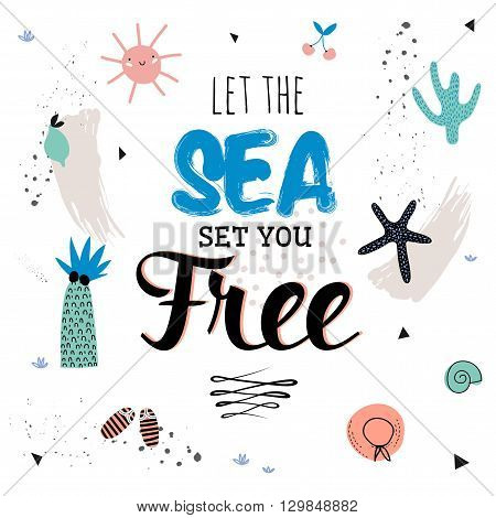 Cute Hello Summer Poster with Trandy Summer Elements. Summer Typographic. Scandinavian Style. Vector. White Background. Good for Greeting Cards, Gift Tags, Stickers, Placards and Labels Templates.