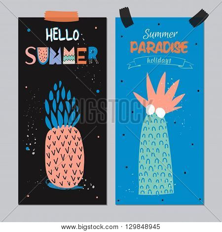 Cute Hello Summer Poster with Trandy Summer Elements. Summer Typographic. Scandinavian Style. Vector. White Background. Good for Greeting Cards, Gift Tags, Stickers, Placards and Labels Templates.