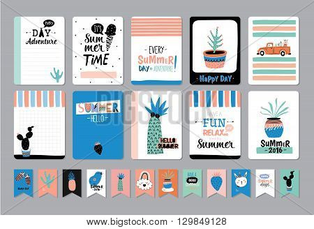 Cute Summer Scandinavian Set of Greeting Cards, Gift Tags, Stickers and Labels Templates with Trandy Summer Elements in vector. Holiday Summer Modern Concept with Graphic Design Elements