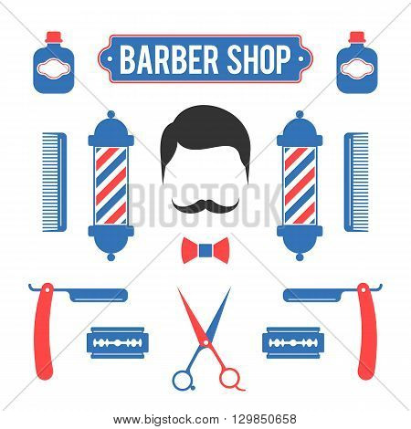 Composition of the set of red and blue colors icons for the Barber Shop. Vector elements for your web design or print, linear illustration in flat style