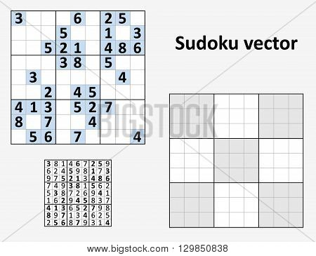 Symmetrical Sudoku with answers. Vector set Blank template.