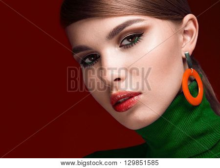 Pretty fresh girl, fashionable image of modern Twiggy with unusual eyelashes and bright accessories. Photos shot in studio