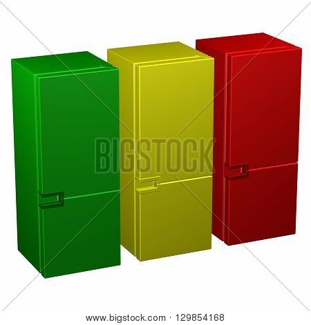 Three refrigerators: green yellow and red isolated on white background. 3D rendering.