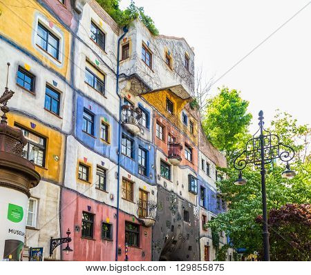 VIENNA AUSTRIA - 8TH MAY 2016: Side view of Hundertwasserhaus during the day in the summer.