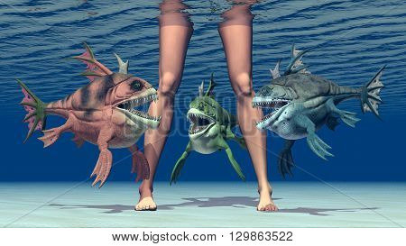 Computer generated 3D illustration with woman legs and monstrous fish
