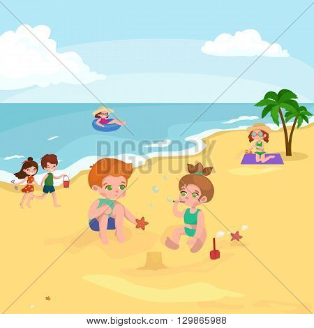 Children summer vacation. Kids Playing sand around water on beach. Cute little girl in a bathing suit and Funny boy Swiming in the sea.