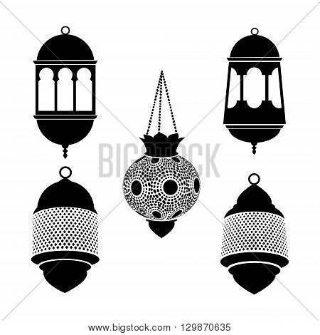 Set of arabic lanterns. Black silhouettes of ramadan lamps. Isolated stock vectors. Flat design.