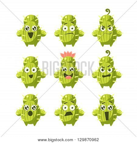 Cactus Cartoon Character Set Of Flat Isolated Funny Vector Icons In Childish Style On Purple Background