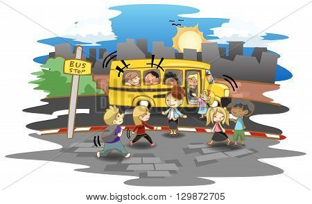 Cartoon kid and kindergarten or elementary students walking up the bus at bus stop to go to school create by vector