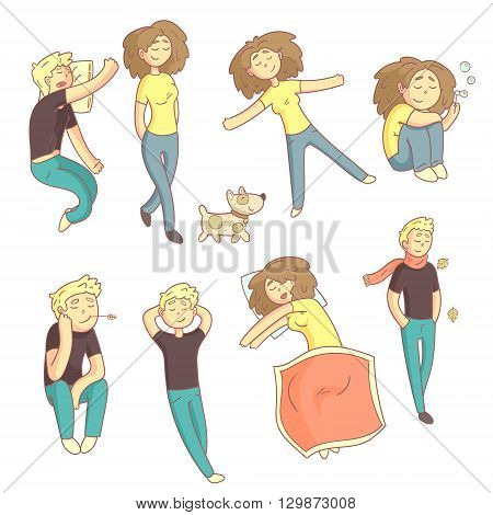 Relaxed People Illustration Set Of Flat Outlined Pale Color Funny Drawings Isolated On White Background