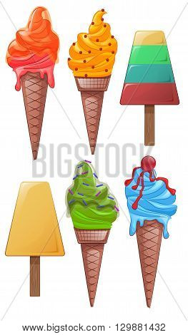 Set of cartoon colored ice cream with various decorations. Vector elements for your design and creativity