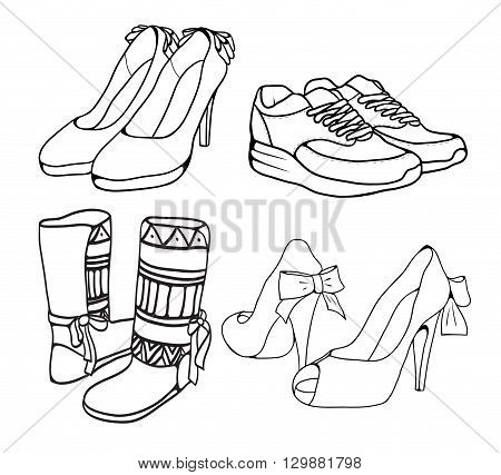 Set of various doodle outlines of women's shoes. Vector element for your creativity