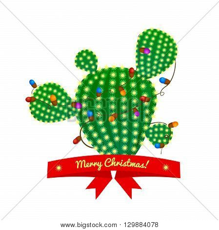 Christmas green prickly pear cactus tree with four spikes decorated with garland and red ribbon with congratulatory messages. bright juicy succulent, vector illustration in cartoon style