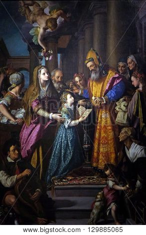 LUCCA, ITALY - JUNE 06, 2015: Altarpiece depicting Presentation of Mary to the temple, work by Alessandro Allori in Cathedral of St.Martin in Lucca, Italy, on June 06, 2015