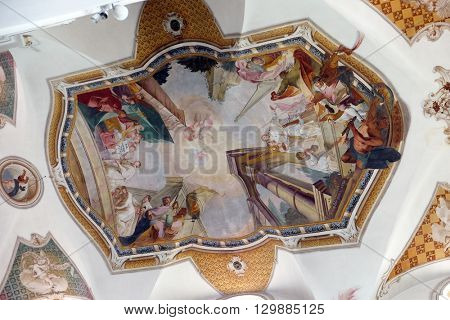 URSBERG, GERMANY - JUNE 09: Frescoes on the ceiling of the monastery church of St. John in Ursberg, Germany on June 09, 2015.