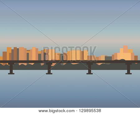 City Skyline cityscape, bridge building sunset river vector illustration