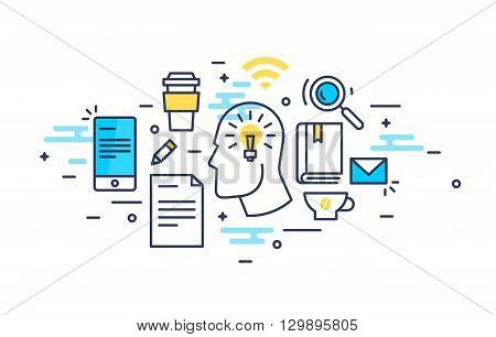 Abstract line art thinking of an idea man with gadgets and equipment illustration