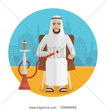 Vector arabian man smoking hookah. Smoking cartoon man sitting in an armchair on flat islamic city background. Retro flat design illustration