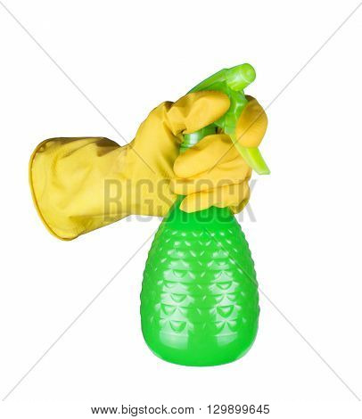 Hand in yellow protective glove holding blue spray bottle on white background
