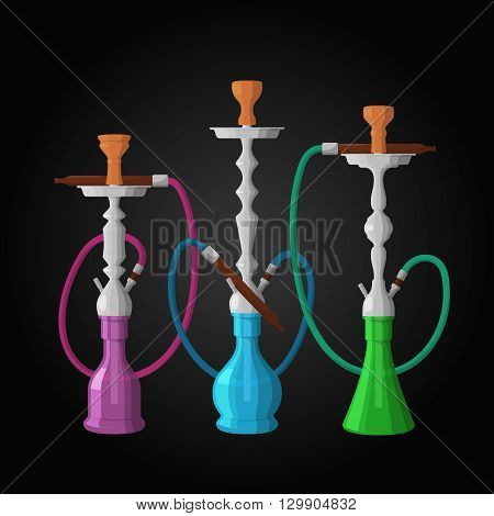 Hookah labels. Set of realistic vector hookahs on black background. Isolated shishas vector poster