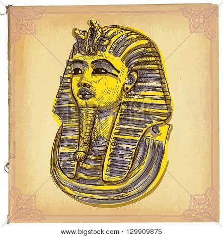 Hand drawn vector illustration colored line art. TUTANKHAMUN pharaoh mask. Freehand sketch of death mask of egyptian pharaoh. Hand drawings are editable in layers and groups. Background is isolated.