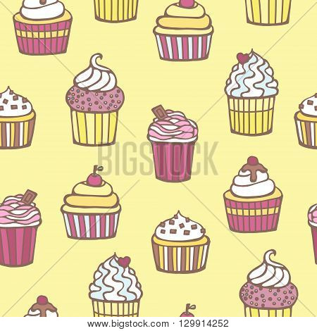 Vector muffin. Sweet cape cakes pattern on yellow background. Seamless.