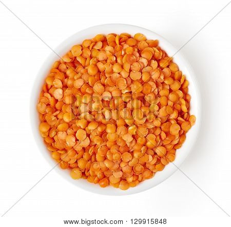 Bowl Of Red Lentils Isolated On White, From Above