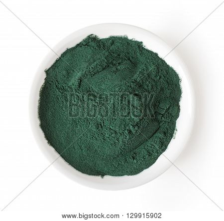 Bowl Of Spirulina Powder Isolated On White, From Above