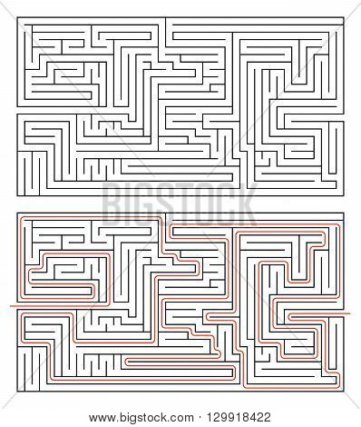 Rectangular maze of medium complexity isolated on white and solution with red path