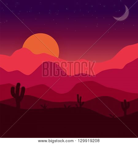 Desert sunset. Vector mexican landscape illustration with cactuses dunes rocks sun and moon in red orange and purple colors.