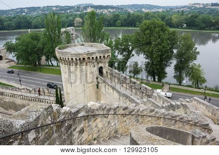 Top view on fortress and Rhone river in Avignon France