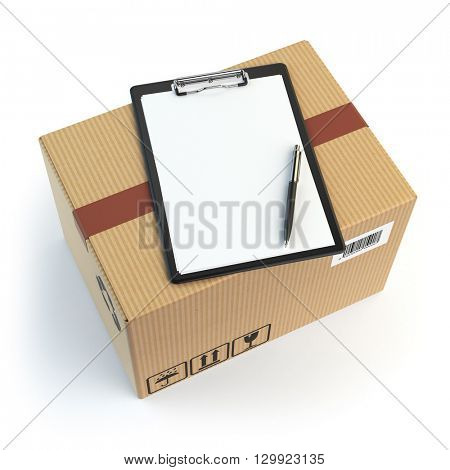 Delivery concept. Cardbox, pen and clipboard with receiving form isolated on white. 3d illustration