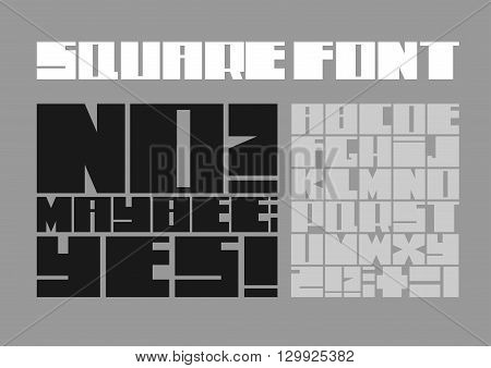 Font of the square of thick heavy letters on a gray background