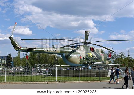 MOSCOW, RUSSIA - MAY 7, 2016: Battle military Russian helicopter MI-8 at the Russian Exhibition Center in Moscow