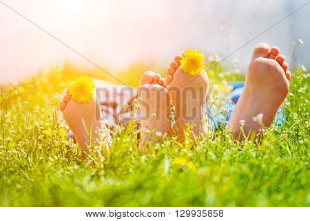 Kids feet with dandelion flowers lying on green grass in sunny day. Concept happy chidlhood.