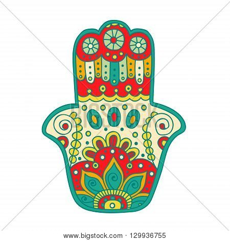 Vector hand drawn doodle hamsa with ornament. Hand with tribal doodle ornament. Bright colors.