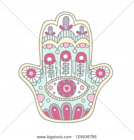 Vector hand drawn doodle hamsa with ornament. Hand with tribal doodle ornament. Light colors.