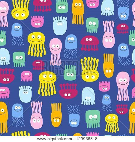 Vector jellyfish cute pattern seamless. Background with cartoon smile sea jellyfish.