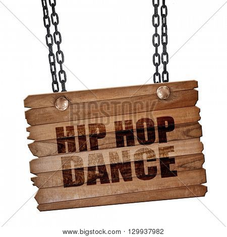 hip hop dance, 3D rendering, wooden board on a grunge chain