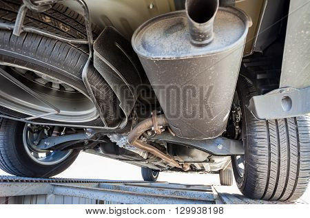 SAMARA RUSSIA - MAY 14 2016: View from the bottom of the car Mitsubishi Outlander. Mitsubishi Motors Corporation is a Japanese automotive manufacturer