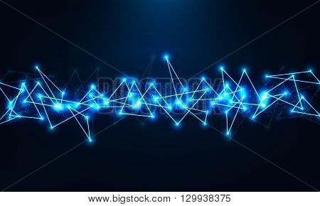 Abstract geometric technology shape of glowing particles .Neon luminous lines.Triangle shapes .Chaotic polygonal elements.Futuristic background .Vector digital 3d illustrations .Low poly wireframe