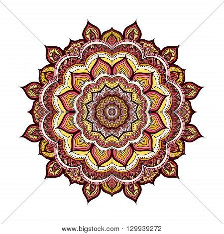 Vector hand drawn doodle mandala. Ethnic mandala with colorful ornament. Isolated. Yellow orange pink red white and black colors.