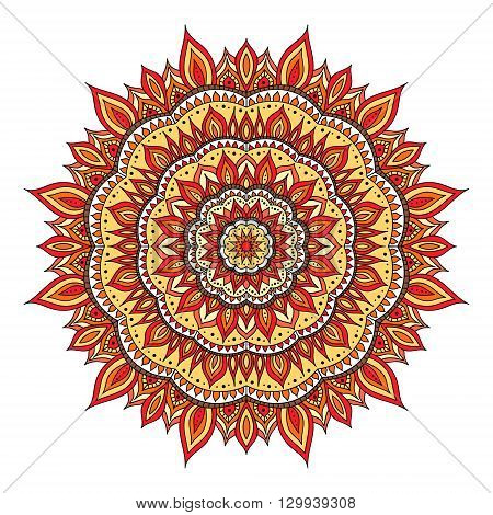 Hand drawn diwali mandala. Doodle mandala with fire ornament. Red orange yellow colors. Vector diwali mandala.