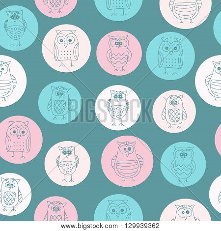 Seamless pattern with hand drawn doodle owls. Cute background for kids. Vector pattern. Pastel colors - pink beige blue and green.
