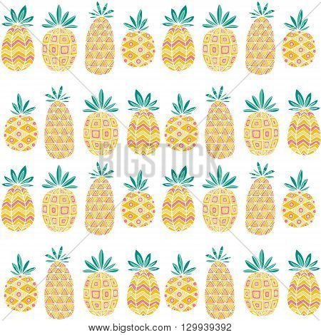 Vector color pattern with hand drawn doodle pineapple. Fruits with ornaments. Seamless.