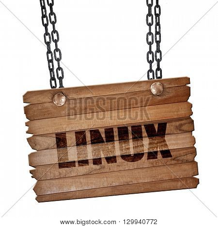 linux, 3D rendering, wooden board on a grunge chain