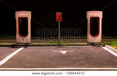BRENNER, ITALY - MAY 8, 2016: Tesla charging stations are located throughout EU to accommodate owners of the electric car.