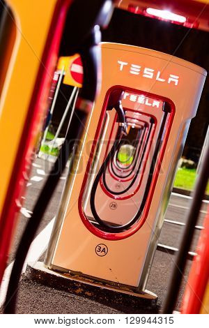 BRENNER, ITALY - MAY 8, 2016: Tesla charging stations are located throughout EU to accommodate owners of the electric car.