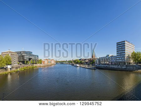 Cityscape With Teerhof On The Left And View To The Bridge At River Weser